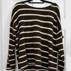Eileen Fisher Dark Olive Green Linen and Cotton Striped Sweater